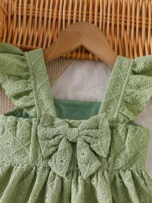 Young Girls' Spring/Summer Long Sleeve Dress With Textured Fabric, Square Collar, Flared Sleeves, And Large Bow At Back, Casual And Refreshing - Green - View 5