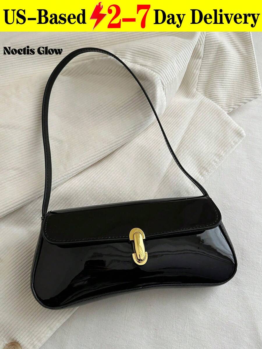Women's Vintage Faux Oiled Leather Flap Decor One Shoulder Underarm Bag, Suitable For Dating, Outing, Party - Black - View 1