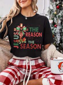 Women's-Shirt - 95% Craftsmanship, 5% Stretch, Short Sleeve Round Neck, Festive Letter Print Casual Top, Four Seasons Knitted Fabric, Regular Length - Clothing - 黑色 - 查看 12