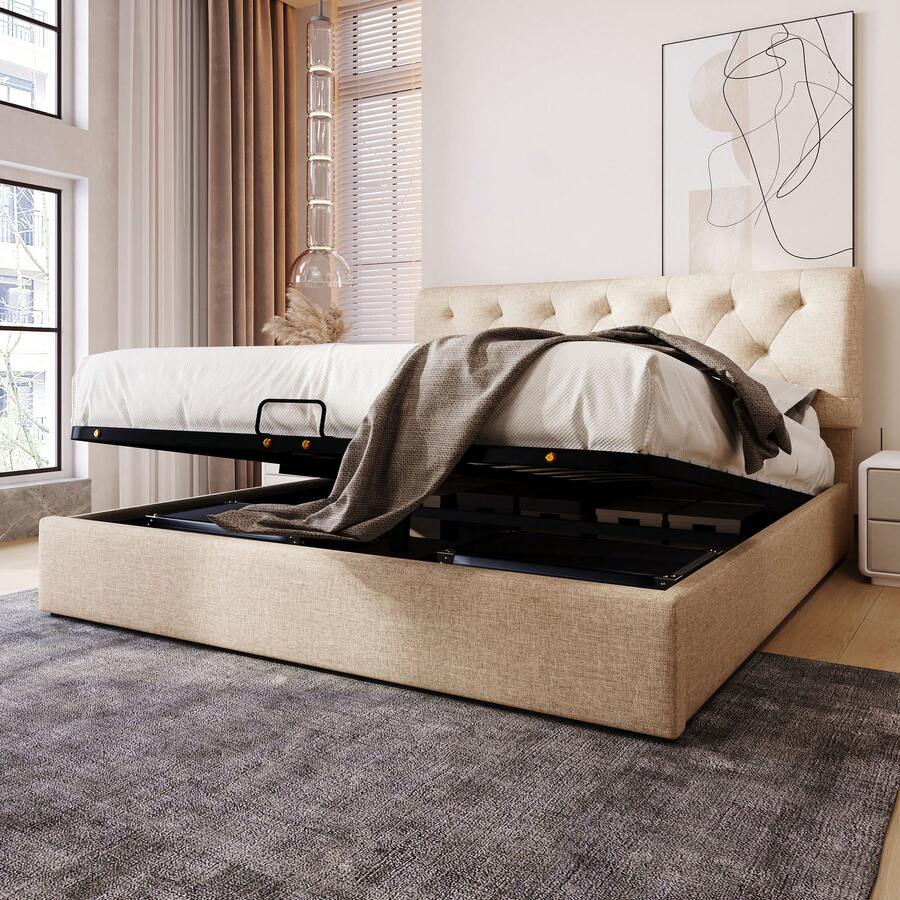 Hydraulic Double Bed Measuring 160x200 Cm. Adjustable Headboard With Metal Frame, With Storage, Mattress Not Included. - Beige - View 1