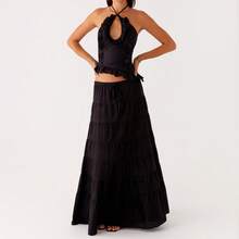 Y2k Ruffle Long Skirt Sets For Women 2 Piece Outfits Summer Ruched Backless Cami Top Matching Boho Maxi Skirt Set - Black-a - View 3