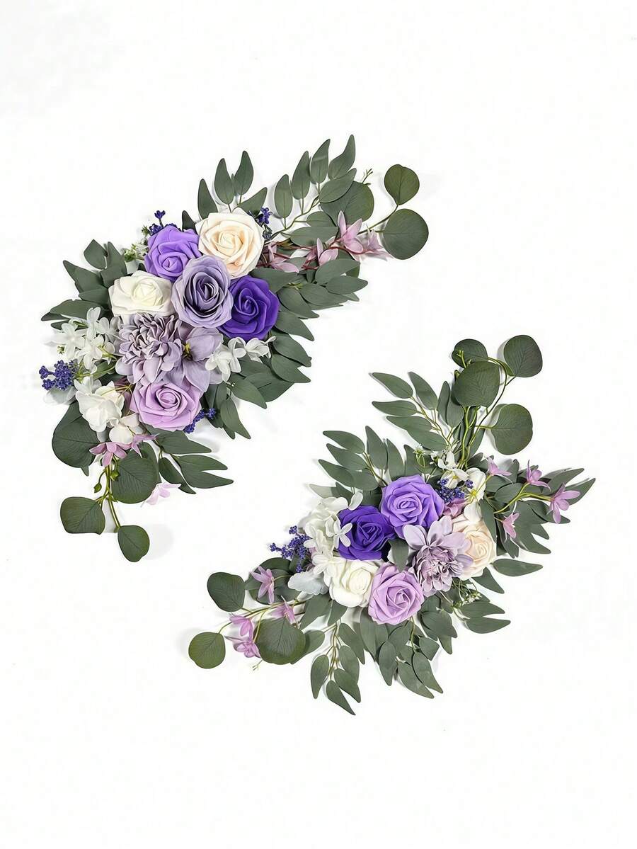 2件套人造婚礼拱门花卉套装，适用于婚礼拱门、新娘送礼会、仪式和宴会背景，以仿真橙色花朵搭配薰衣草色和奶油色点缀。 - 紫色 - 查看 1