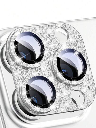 1pc Diamond Integrated Lens Protector, Lens Tempered Glass [Anti-Scratch], Silver Diamond Metal Protective Ring, Compatible With IPhone 11/12/13/14 Pro Max/15 Pro Max/16/16 Plus/16 Pro/16 Pro Max Series