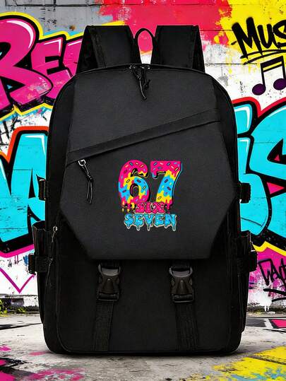 1pc Digital 67 Printed Outdoor Backpack, Sports And Leisure Backpack, Essential For Holidays, Lightweight And Adjustable Shoulder Strap, Large Capacity Multifunctional Backpack, Polyester Simple Style Holiday Portable Travel Bag, Black Backpack, Business And Leisure Travel Backpack, Dad's Gift, Father's Day Gift, Valentine's Day Gift