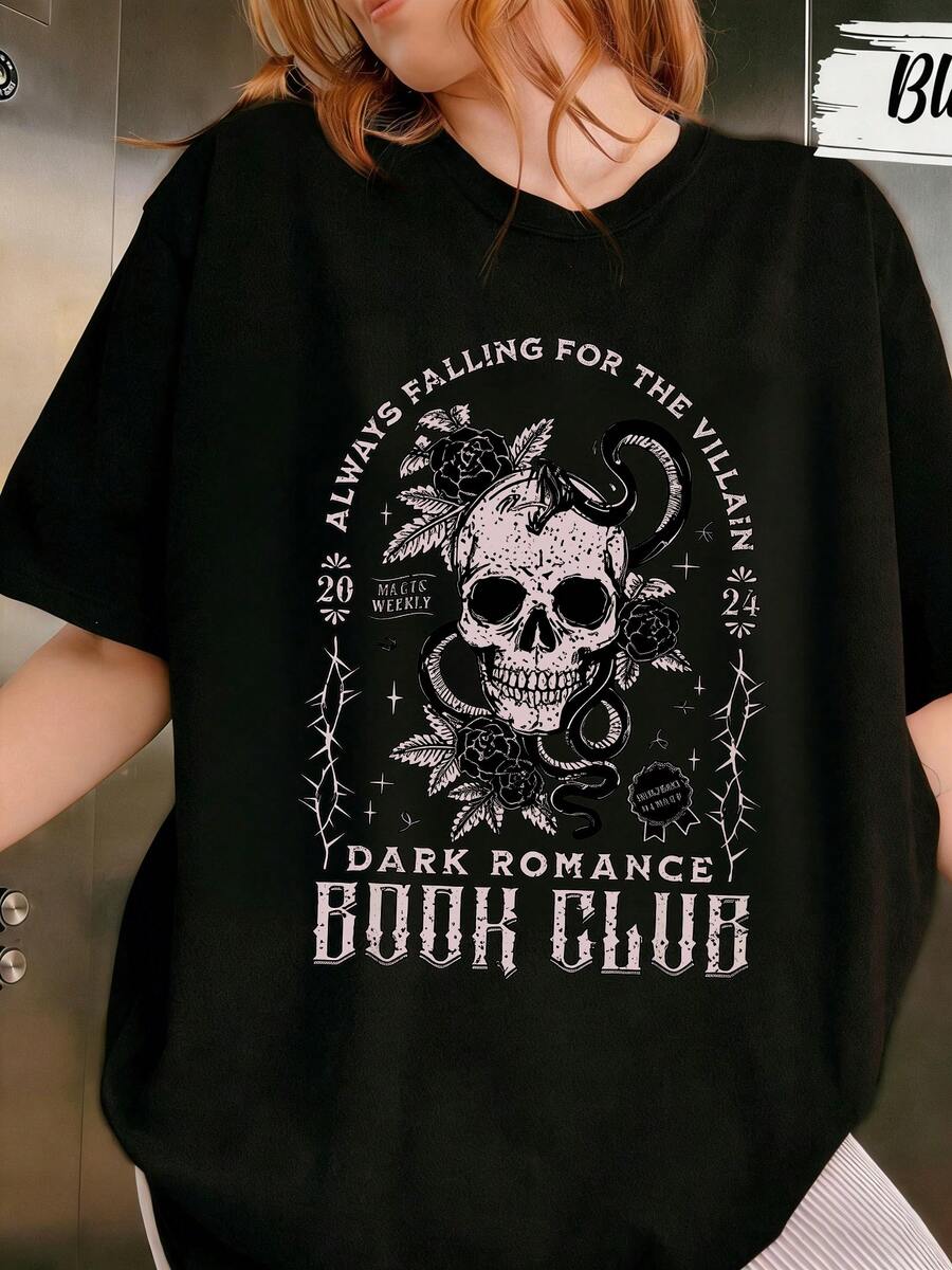 1.Women's Loose Round Neck Short Sleeve Pajamas | Dark Romantic Book Club Pattern Pajama Top, 'Always Falling For The Villain' Skull And Snake Gothic Print Loungewear, Super Soft And Comfortable, Perfect For Ideal Reading Nights, Sleeping, And Relaxing, Fashionable And Avant-Garde, Dark Romantic Bookworm Gift, Available In Plus Sizes - 黑色 - 查看 1
