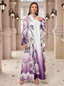 Middle Eastern Muslim New Style V-Neck Lotus Print Long Sleeve Robe Robe - White - View 1