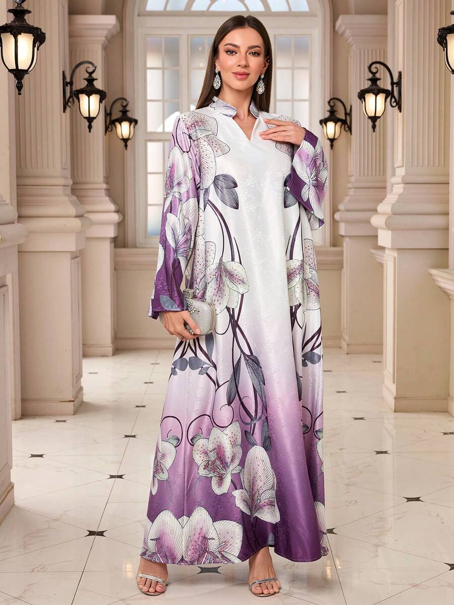 Middle Eastern Muslim New Style V-Neck Lotus Print Long Sleeve Robe Robe - White - View 1