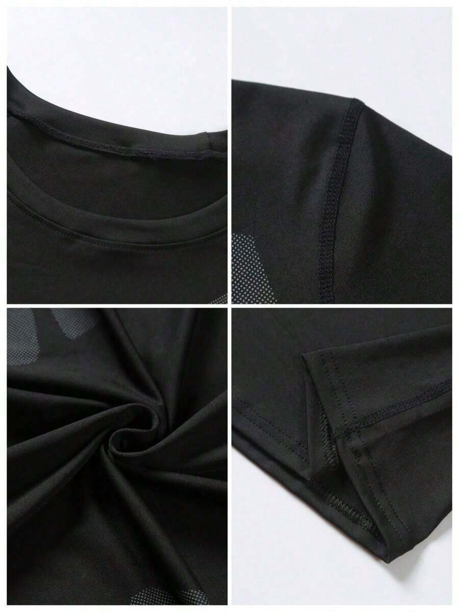 2pcs/Set Men's Fitness Suit, Elastic Quick-Dry Training, With Printed Pattern Long Sleeve Top And Long Pants, Suitable Fitness Training, Basketball, Running, Shaping, Outdoor Running, Riding, Mountaineering, Night Running, Casual Sports Wear Spring/Summer, Casual Outfit, 4 Season Wear, High Elasticity, Fast-Drying, Breathable - 黑色 - 查看 1