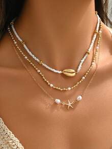 3件套夏季沙滩风锌合金贝壳海星串珠项链套装，适合女性日常休闲及海滩度假佩戴 - 金色 - 查看 2