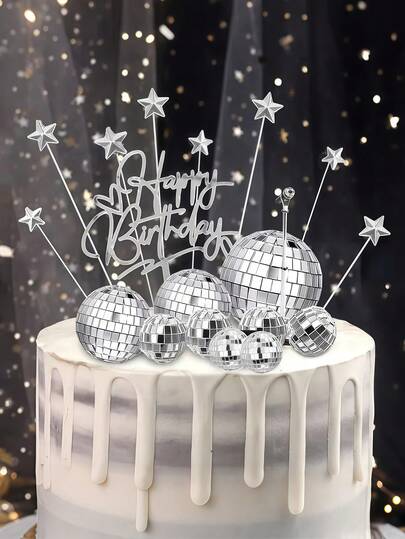 Silver Disco Ball Cake Topper, Birthday Cake Decorations Set, Reflective Mirror Ball Cake Decor, Shiny Silver Mini Disco Ball Decorations, 70s Retro Cake Decor, Suitable For 70s 80s Disco Theme Party Decorations, Birthday, Holiday Party Decorations