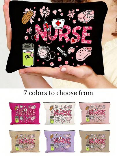 护士主题化妆包，医用印花拉链化妆袋，多功能用途，可用作化妆品收纳包、洗漱包，非常适合存放化妆品、护肤品、医疗用品和日常必需品，为护士装扮增添一丝趣味和敬意，适合护士、护理学生、医务工作者、送礼者，是护士节、毕业季、工作日、旅行和日常使用的理想之选。