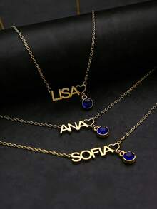 1pc Customized Name Necklace Personalized Name Necklace With Birthstone Pendant Exquisite Customized Stainless Steel Nameplate Pendant Necklace Choker Handmade Jewelry Birthday Gift Christmas Gift Valentine's Day Gift For Her Him - Gold - View 4