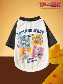 TOM & JERRY X PETSIN 1件趣味卡通可爱印花黑白拼接时尚猫狗通用弹力舒适狗狗T恤 - 彩色 - 查看 1