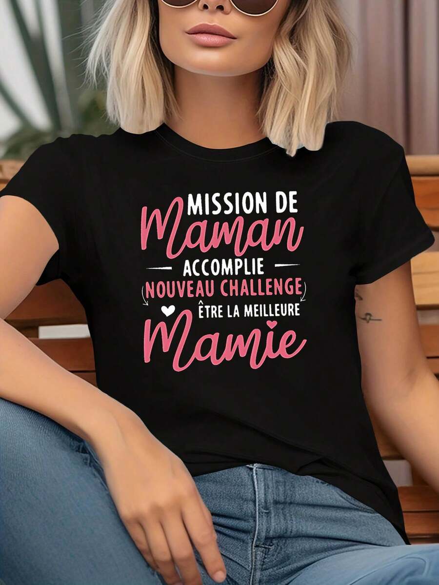Camiseta para mujer con frase en francés "Misión de mamá a abuela" - Adecuada para regalo de nueva abuela, top de manga corta con frase en francés y eslogan de corazón, blusa casual de primavera/verano para reuniones familiares, ropa para abuela lavable a máquina - Multicolor - Ver 1