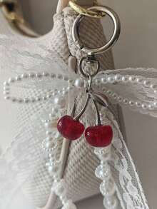 1pc Lace Bow & Faux Pearl Keychain Wallet Pendant Y2K Faux Pearl Decor Bag Charm Shoe Accessory Bow Decoration Cherry Kawaii Key Lanyard Boho Beach Essentials - White - View 4