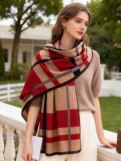 1pc Elegant Geometric Color Block Scarf Stylish Wool Feeling Soft Warm Thin Shawl Women's Casual Outdoor Matching Sunscreen Check Pattern Scarf Plaid Scarf