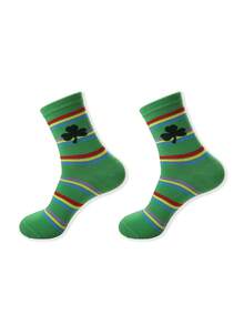 男士中筒袜一双，适合圣帕特里克节、春夏季节穿着 | 绿色主题，饰有三叶草和彩虹条纹细节 - 彩色 - 查看 11