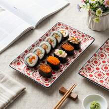 2pcs 11"X6.5" Rectangular Ceramic Serving Trays, Microwave/Dishwasher/Oven , Glossy Glaze Finish, Geometric Sun Pattern, Smooth Rounded Edges, Versatile For Sushi, Desserts, Appetizers, Afternoon Tea, Dining, Parties, All Seasons - Multicolor - View 3