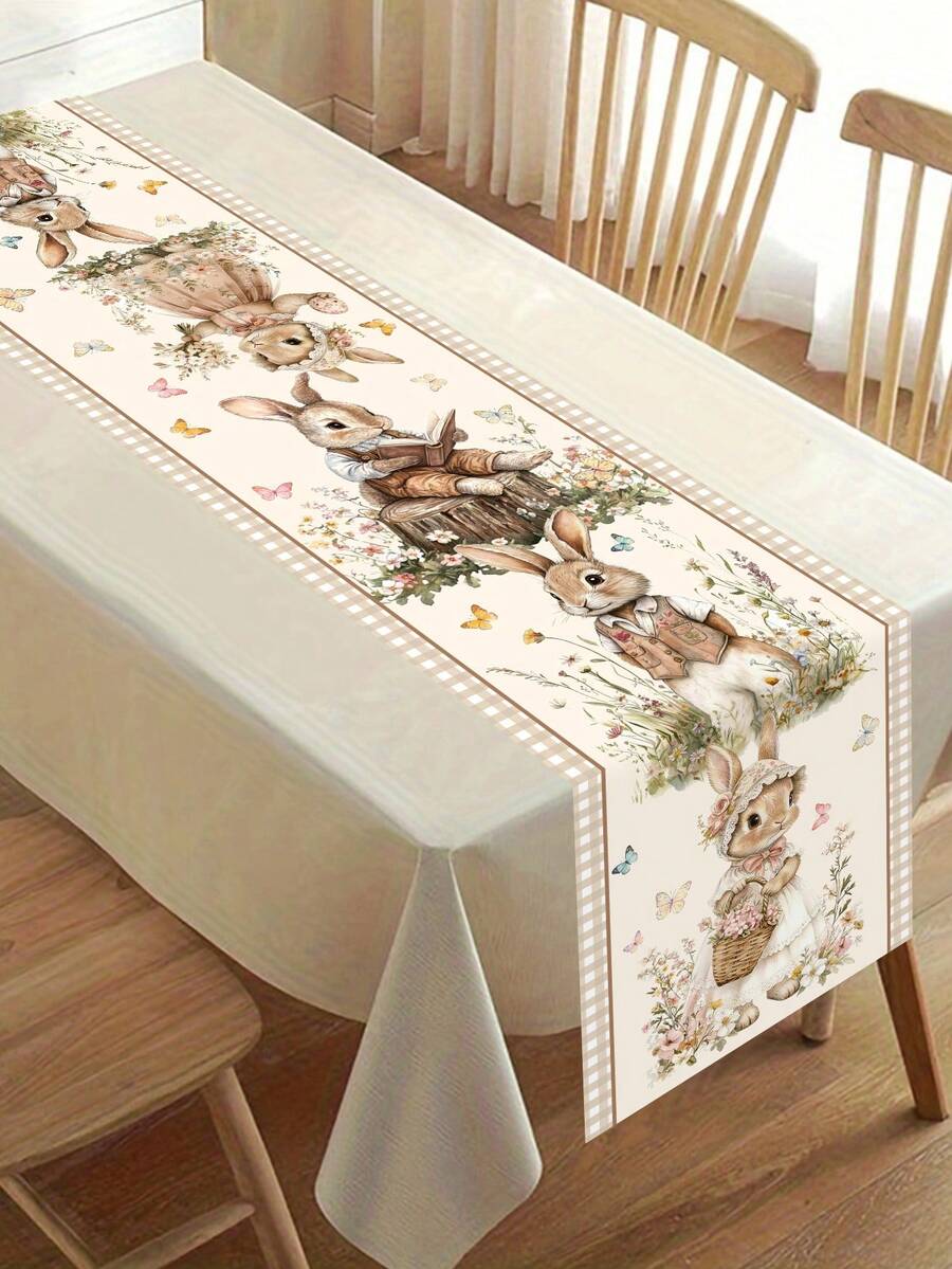 1pc Spring Easter Coffee Bunny & Floral Pattern Table Runner, 35*180cm Polyester Farmhouse Style Easter Table Runner, Easter Home Decor 2026 Kitchen Dining Table Decoration, Spring Holiday Decor