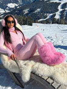 Winter Snow Boots Faux Fur Boots For Women Warm Fuzzy Fluffy Winter Furry Snow Boots Flat Shoes Outdoor - 粉色 - 查看 4