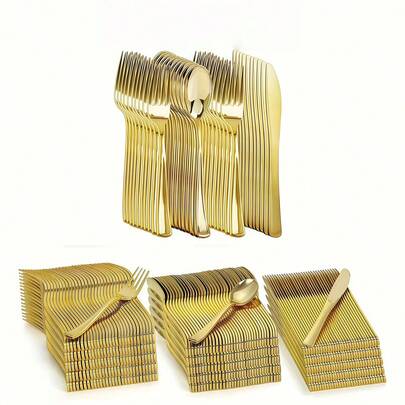 150/75/50/25件套金色塑料餐具套装，包含甜点蛋糕刀/沙拉意面叉/甜点勺，轻便可重复使用餐具套装，适用于生日、婚礼、返校、团队建设、家庭聚会、户外野餐、情人节、节日派对、餐厅等场合（多种规格可选，满足不同用餐人数需求）
