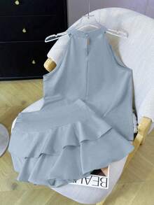 女士夏季无袖吊带背心和荷叶边蛋糕裙两件套 - 藍色兩件套裝 - 查看 6