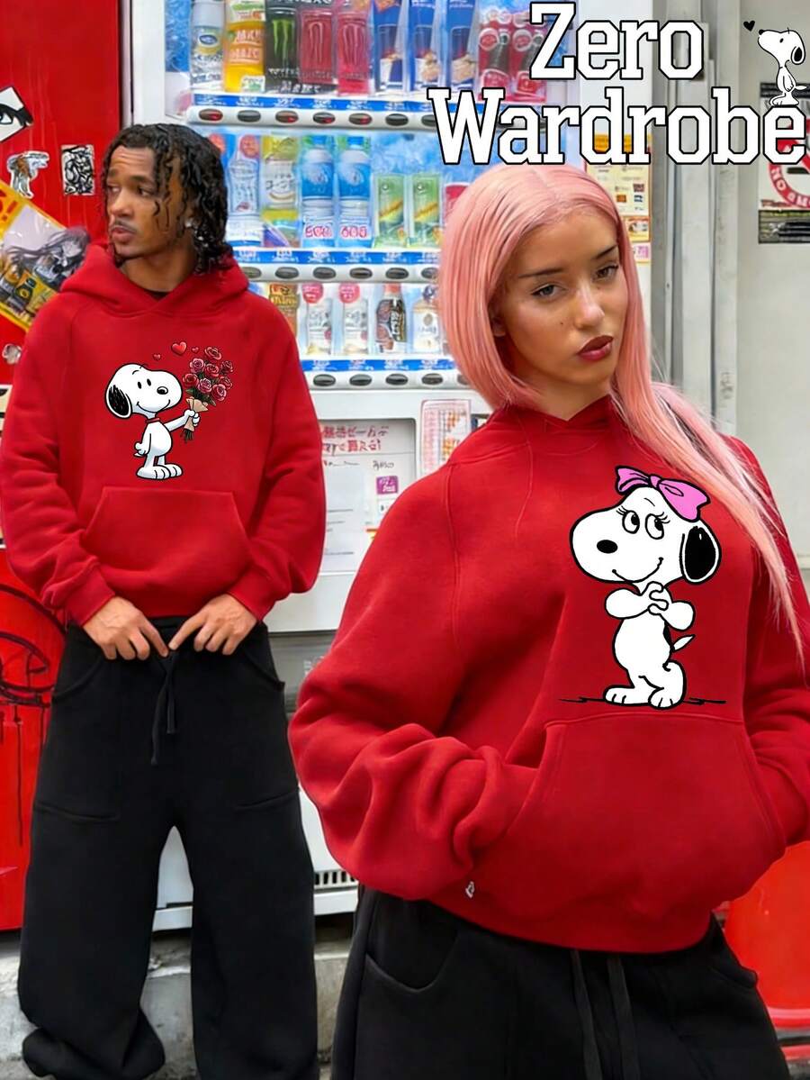 SNOOPY Dog Valentine's Day Flower Confession Pattern Printed Couple Street Casual Fashion Hoodie, Loose And Comfortable Street Style Long Sleeve Home Style, Soft Cotton Blended Men's And Women's Warm Winter Clothing, Couple's Clothing - 女款紅色 - 查看 1