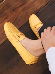 Plus Size Men's Handmade Loafers, Slip-On Moccasin Shoes, Comfortable Casual Work Walking Driving Flat Shoes - Yellow - View 18