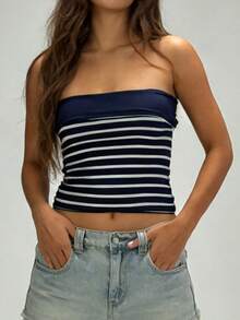 Women's Reversible Strapless Vest Stylish Striped Sleeveless Crop Tube Tops Bandeau Blouse for Party Date Night Wear - Azul - Ver 4