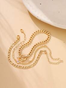 Set de 3 piezas con colgante cuadrado de circonita cúbica dorada con broche de cobre OT, pulsera de metal dorado en capas, set de joyería de alta gama como regalo (cantidad de anillos de cadena al azar) - Amarillo Oro - Ver 3