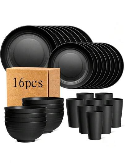 Juego de vajilla irrompible de 16 piezas, juego de vajilla de plástico, apto para microondas y lavavajillas, cubiertos reutilizables, set negro que incluye 8 platos, 4 tazones, 4 tazas