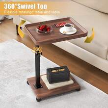 C-Shaped Sliding Side Table – Height Adjustable (18"-32"), 360° Swivel Top & Wheels, Multi-Use - Brown - View 2