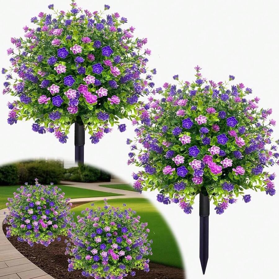 2 Pack Artificial Boxwood Topiary Ball Tree With Spikes,Outdoor UV Resistant Fake Bushes Plants Flowers,Faux Shrubs Gre1enery For Planters Yard Porch Pathway Office Spring Decor - Purple - 紫色 - 查看 1