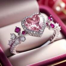 女士奢华心形结婚戒指，镶嵌粉色立方氧化锆——璀璨夺目的新娘珠宝，四月生辰石承诺戒指，适合情人节礼物、日常佩戴以及婚礼/宴会场合。 - 彩色 - 查看 6