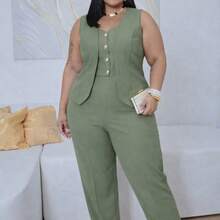 Women's Set: Vest With Button Closure And Pants With Elastic Waistband - 橄欖綠 - 查看 4