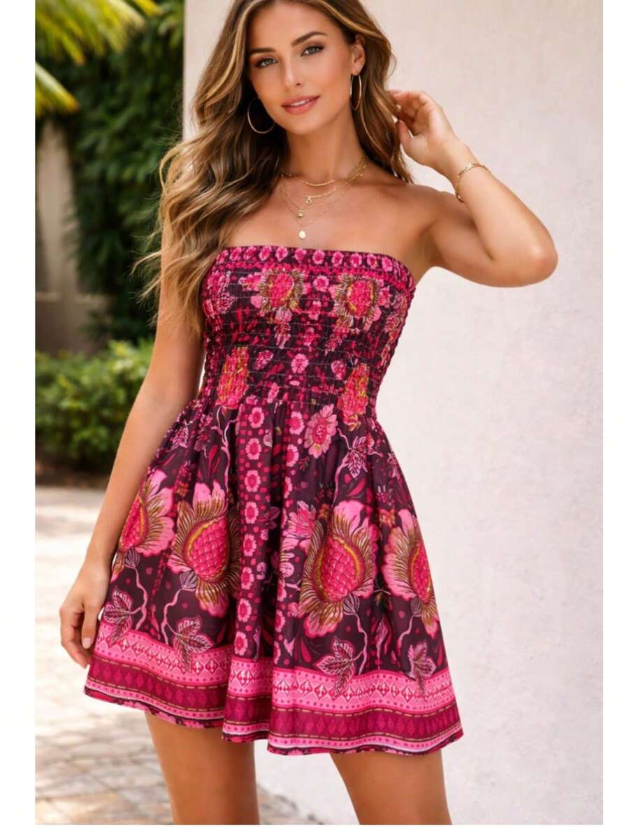 Strapless Floral Boho Dress With Elastic Waistband And Full Skirt - 玫紅色 - 查看 1