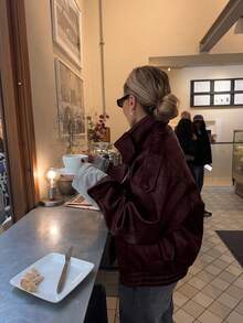 Women's Casual Solid Color Front Button Pocket Jacket, Pocket Detail Lightweight Coat, Suitable For Autumn/Winter Spring - Burgundy - View 2