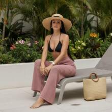 Knitted Beach Cover-Up Pants With Adjustable Waist, Pool Sarong - 深玫瑰 - 查看 4