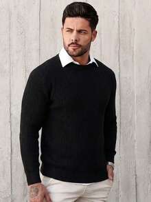 Men's Sweater, Long Sleeve, Ribbed Cotton, ESSENTIAL, Round Neck - 黑色 - 查看 6