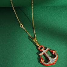 1pc Fashionable Enamel Rhinestone Anchor Pendant Necklace, Handpainted Delicate Accessory Suitable For Women's Daily Wear - Anchor Pendant Necklace - View 1