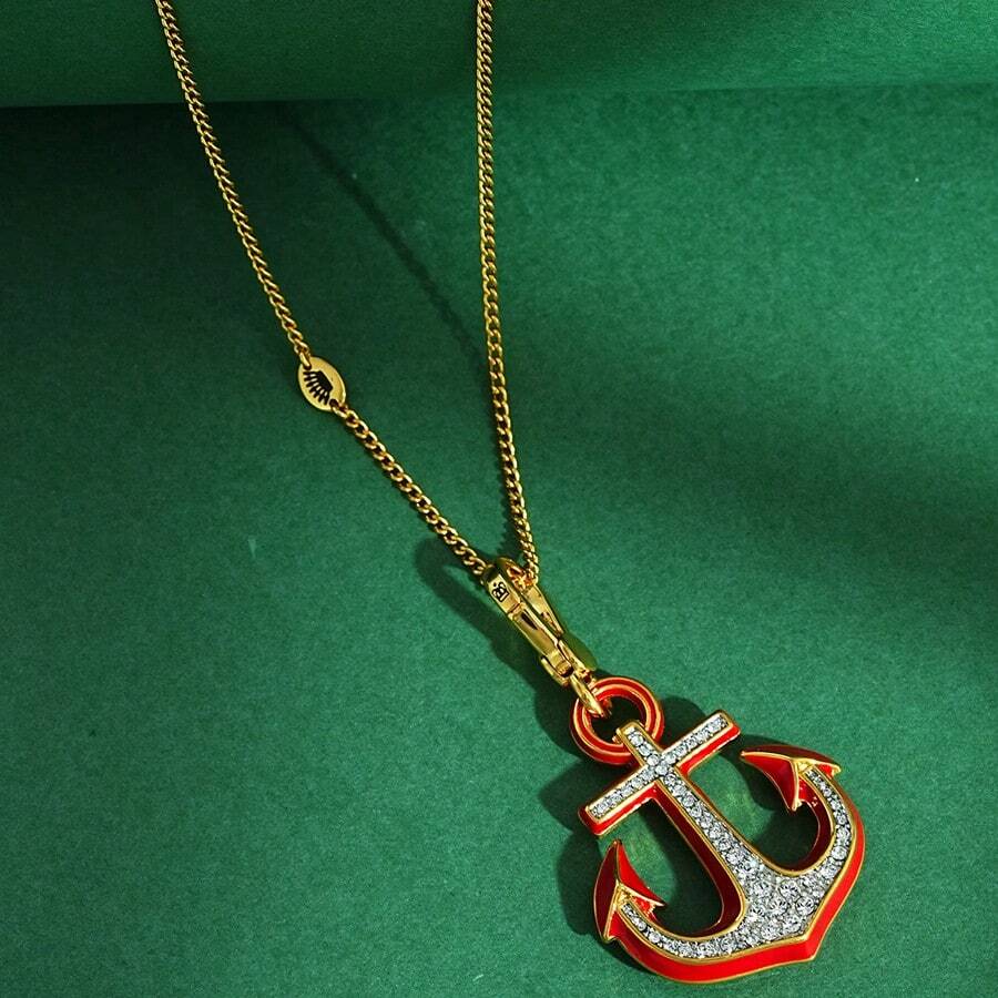 1pc Fashionable Enamel Rhinestone Anchor Pendant Necklace, Handpainted Delicate Accessory Suitable For Women's Daily Wear - Anchor Pendant Necklace - View 1