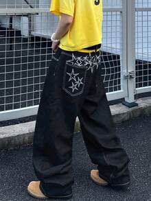 1 chiếc quần jeans nam ống rộng dáng suông thoải mái kiểu Mỹ cổ điển, thêu họa tiết (Sản phẩm không bao gồm thắt lưng và phụ kiện) - màu đen - Xem 3