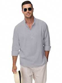 Men's Cotton Linen Long-Sleeved Shirt - 灰色 - 查看 4