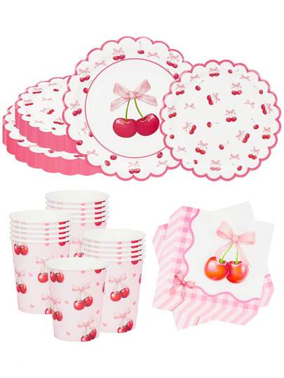 10pcs/20pcs White & Pink Cherry Themed Plates, Cups, Napkins, Tableware Set, Pink Bow Cherry Birthday Party Decorations, Dessert Cake Plates, Cherry Paper Plates, Suitable For Birthday, Baby Shower, Wedding, Bridal Shower Party Supplies
