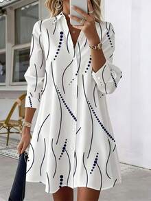 女士优雅翻领衬衫裙，适合从办公室到派对等各种场合，四季皆宜，白色，适合度假和春季穿着。 - 白色 - 查看 6