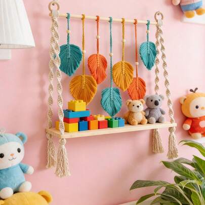 1件套手工编织挂毯，波西米亚风格墙面装饰收纳架，彩色树叶纤维艺术置物架，墙面整理挂毯