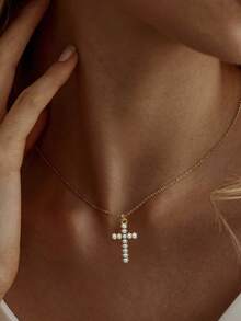 Rhinestone Cross Pendant Necklace - Yellow Gold - View 11
