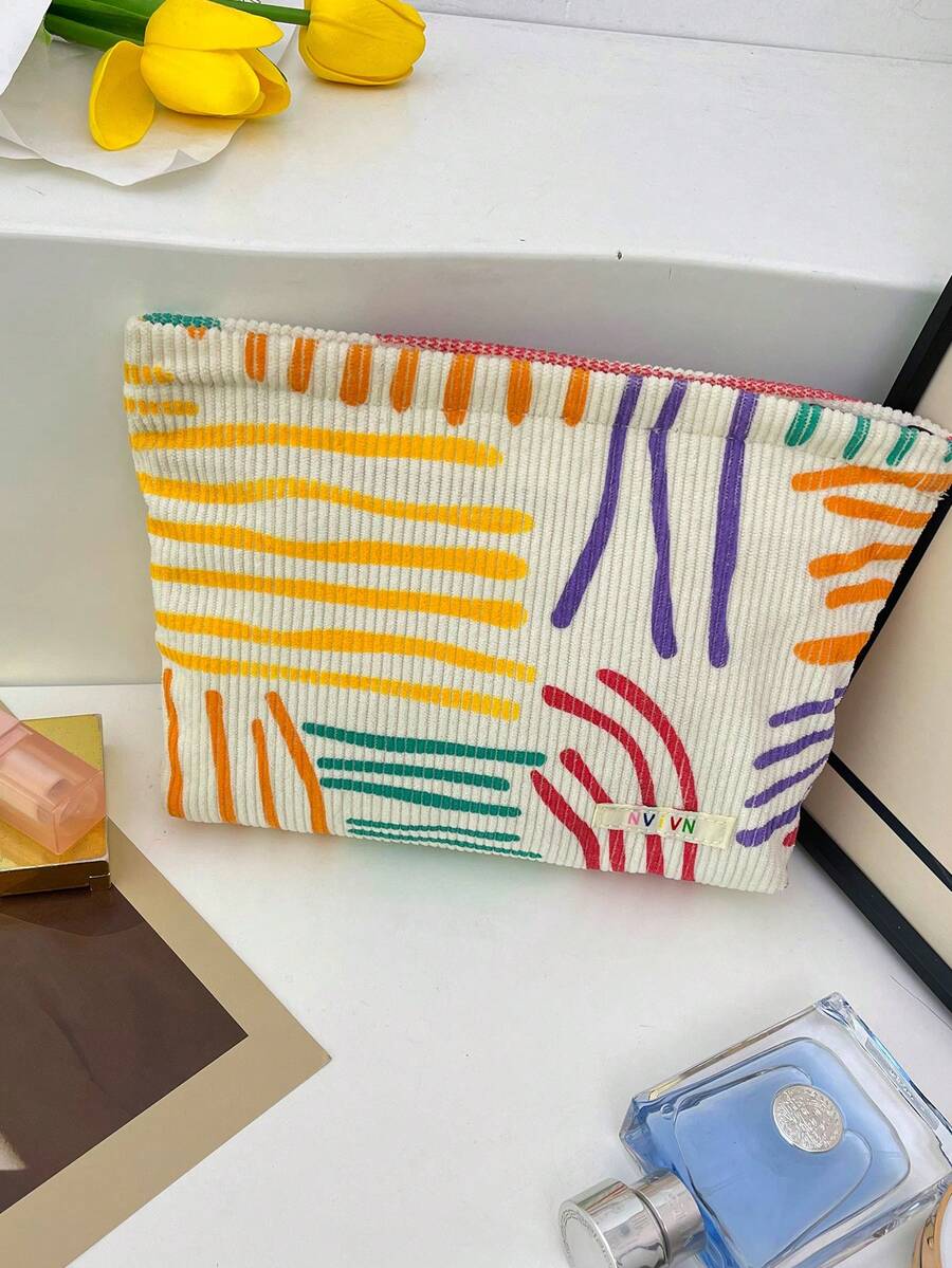 Portable Colorful Striped Cosmetic Bag/Organizer Makeup Bag Toiletry Bag Skincare Bag Wash Bag Toiletry Travel Bag Vacation Essentials For Women Travel Bags For Women Large Capacity Bag - Apricot - View 1