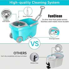 Spin Mop And Bucket,Mop And Bucket With Wringer Set For Home,360 Spinning Mopping Floor Cleaning Tool With 4 Microfiber Replacement Head Refills,61" Extended Handle, 2X Wheel - Blue - A - 查看 2