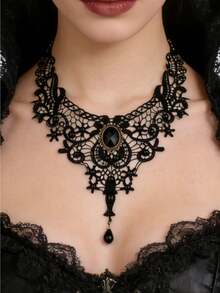 Gothic Style Lace Choker Necklace, Exaggerated Design Women Black Collar Necklace - Picture Color - View 3